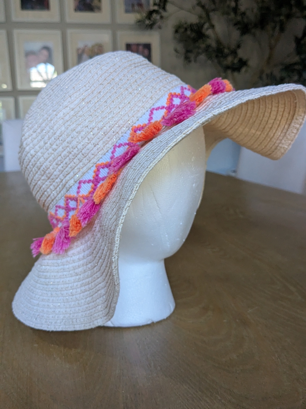 Cat & Jack Cream Straw Sun Hat with Pink and Orange Pom Trim